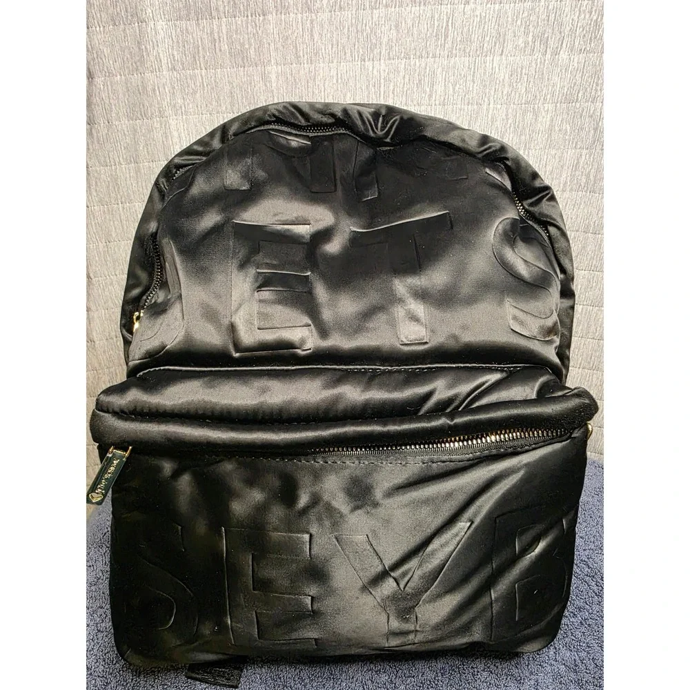 831 Betsey Johnson Blk Satin Embossed Logo Backpack Floral Lining Gold Hardware